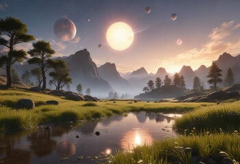 Fototapeta premium Radiant orbs float above a serene and peaceful landscape, serene, bioluminescent