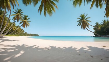 Una playa tropical con palmeras, un cielo azul claro y una orilla arenosa