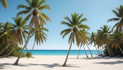 Fototapeta premium Una playa tropical con palmeras, un cielo azul claro y una orilla arenosa