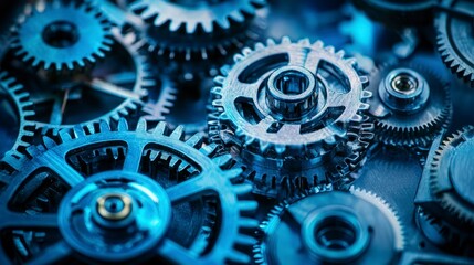 Intricate Blue Gears and Cogs in a Mechanical Assembly Layout