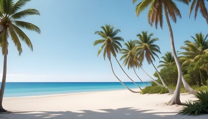 Fototapeta premium Una playa tropical con palmeras, un cielo azul claro y una orilla arenosa