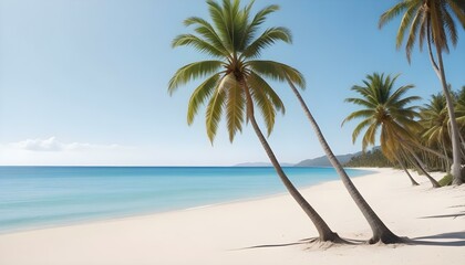 Obraz premium Una playa tropical con palmeras, un cielo azul claro y una orilla arenosa