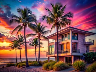 Obraz premium Modern Beach House Sunset Palm Trees Ocean Coastal Elegance Macro Photography Stock Photo