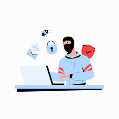 Cybercriminal Hacking Laptop, Data Theft, And Online Fraud In Flat Vector Illustration Symbolizing Cybercrime, Digital Threats, And Hacking Risks, Isolated On White Background.