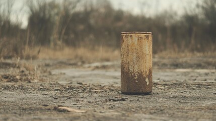 Naklejka premium Rusty discarded can on dirt road.
