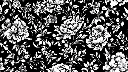 Floral Seamless Pattern Featuring Elegant Black And White Flowers, Vintage Design Elements, Botanical Motifs In A Chic Textile Context