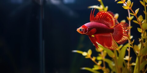 Obraz premium Red crown betta swimming near plants in water, betta fish, swimming