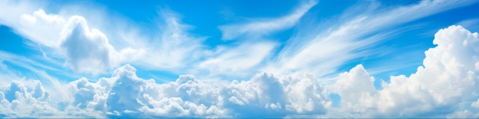 Clear Blue Sky. Panoramic View of Sunny Tropical Clouds and Vibrant Blue Sky on Wide Angle. Perfect Leisure Image