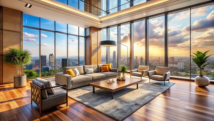 Fototapeta premium Modern Bright Living Room City View Luxury Apartment Spacious Interior Design