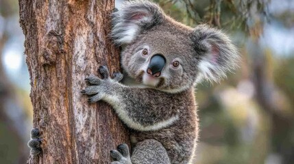 Naklejka premium Adorable koala bear clinging to a tree trunk, looking directly at the camera.