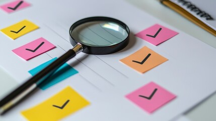 Magnifying Glass Over Checklist with Colorful Sticky Notes