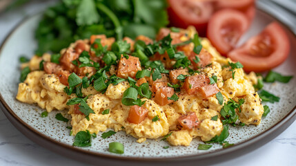 Fluffy scrambled eggs on a white plate symbolize simplicity and comfort in breakfast cuisine with minimalistic bright tone and blurred empty caption space on the side