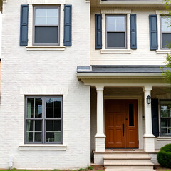 Fototapeta premium Elegant Brick House Exterior with Classic Design and Modern Amenities. Beautiful Home with a welcoming porch and charming details. Perfect for families and those seeking a peaceful retreat.
