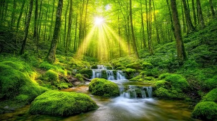 Obraz premium Sunbeams illuminate a lush green forest with a cascading stream flowing over moss-covered rocks.