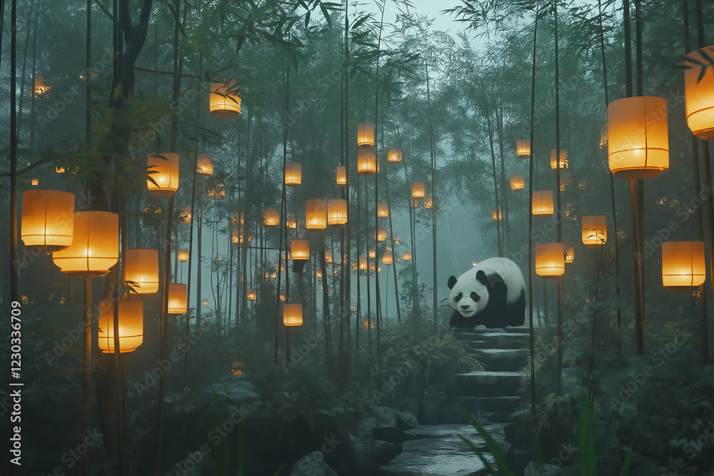 Poster a panda in a bamboo forest surrounded by floating lanterns