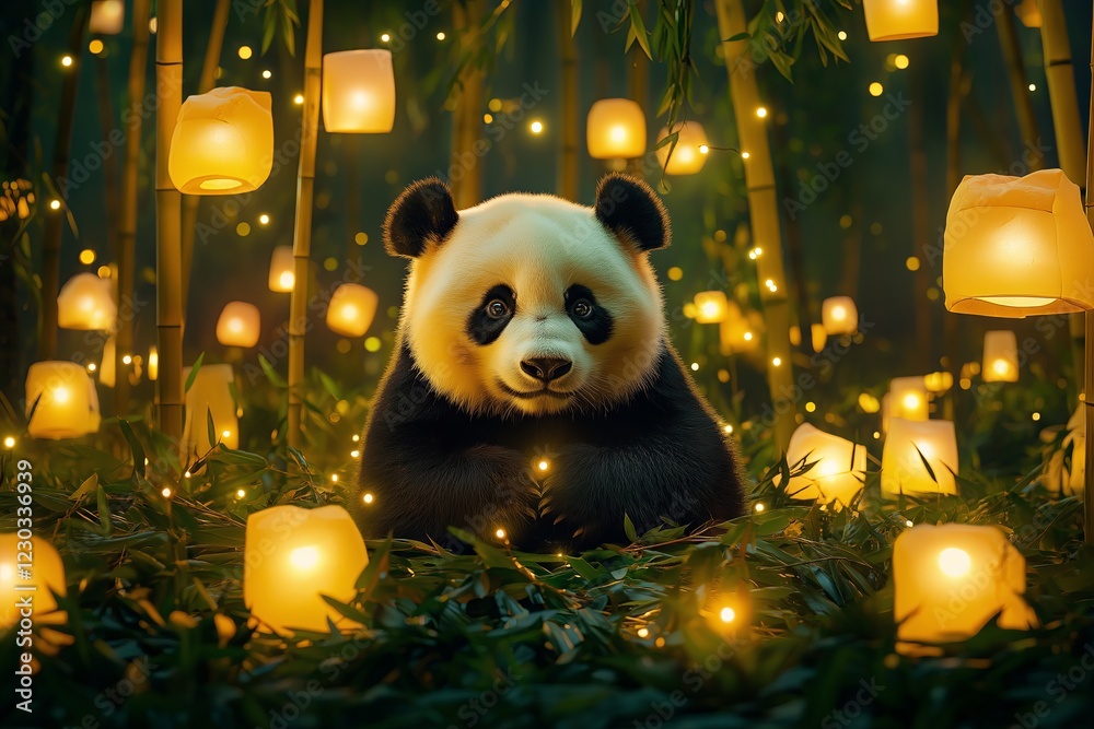 Poster a panda in a bamboo forest surrounded by floating lanterns