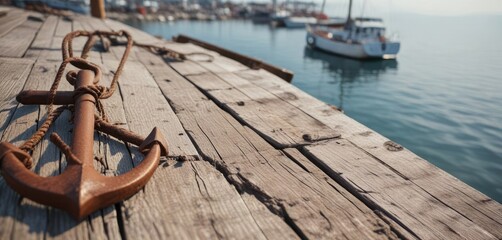 Rusted anchor resting on worn wooden dock overlooking the harbor, tranquil, boats, harbor