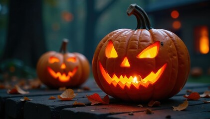 Jack O Lantern glowing in the dark with a lit candle inside its mouth, orange, festive
