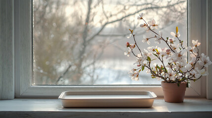 Minimalist Food Tray on Windowsill with Winter Landscape and Delicate Flowers, Perfect for Advertisement
