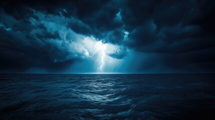 A dramatic seascape at night with a powerful lightning storm illuminating dark clouds over the ocean, creating an intense and awe-inspiring scene. High quality photo