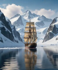 Fototapeta premium Sailing ship in Neumayer Channel with snow covered mountains , icy waters, neumayer channel