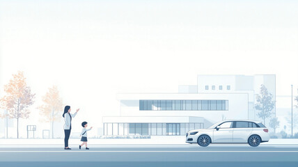 Fototapeta premium Illustration of Mother Dropping Child Off at School, Serene Morning Routine