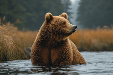 Fototapeta premium Grizzly Bear Submerged In Rain Water River