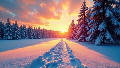 Long shadows stretch across the snowy ground beneath a majestic winter sunset casting its warm glow over the frozen forest, frosty atmosphere, long shadows