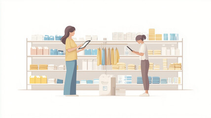 Minimalist Business Owner Checking Inventory in Store with Employee, Sleek Professional Design