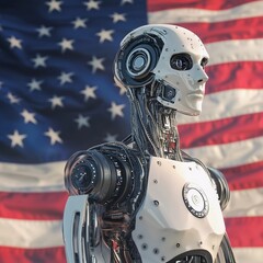 Robot stands proudly in front of American flag showcasing advanced technology and future innovation