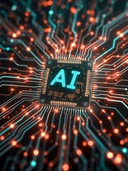 A futuristic AI chip surrounded by glowing holographic data streams, symbolizing advanced computing and intelligence.