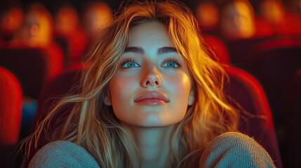 A young woman with long blonde hair sits in a red movie theater seat, looking up at the screen with a smile.