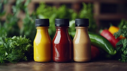 Three small bottles of sauces, yellow, red, and beige, surrounded by fresh vegetables.