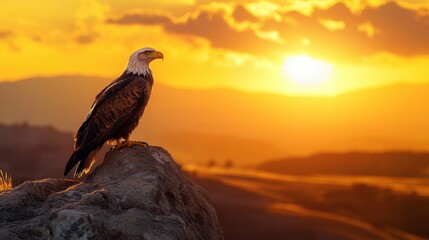 Fototapeta premium Eagle perched on a rock with golden sunset in background
