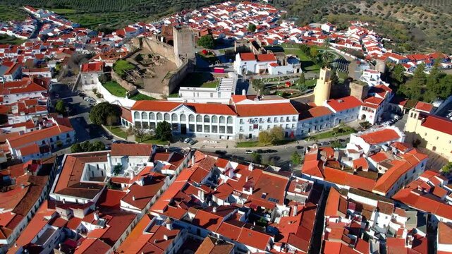 Portugal travel and landmarks . Moura medieval moorish village . Alentejo region. Aerial high angle 4k hd video of scenic fortified old town
