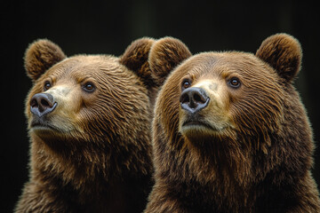 Obraz premium Two Brown Bears Gaze Upwards Against Dark Background