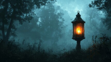 Enchanted Forest Path with Glowing Lantern in Misty Night