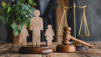 Close up of wooden figurines of family with child and gavel on background of judge conducting divorce process, Concept of alimony, family law and child custody