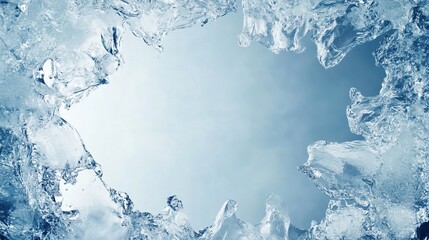 Fototapeta premium A serene view through a crystal-clear ice frame, showcasing a tranquil blue sky and the intricate patterns of frozen water.