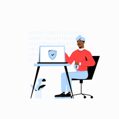 Cybersecurity Analyst Working on Secure Laptop in Flat Vector Illustration Symbolizing Data Protection, Information Security, and Online Privacy, Isolated on White Background.