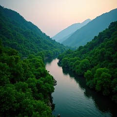 Shakva river valley with lush greenery and gentle slope at dawn, slope, shakva river valley