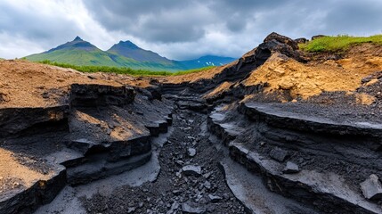 A dramatic landscape featuring rugged black volcanic rock formations, a winding path, and distant mountains under a cloudy sky.