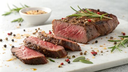 Sizzling beef slices on a white background with a hint of herbs and spices, restaurant style, aromatic ingredients, dry frying method