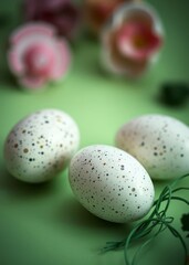 Speckled easter eggs on light green background easter egg holiday illustration celebration easter