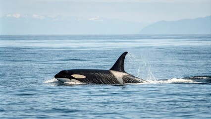 Fototapeta premium Sleek killer whale glides through the ocean, black and white markings, animal swimming