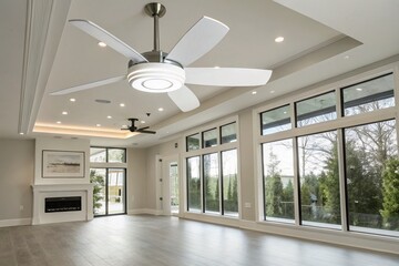 Fototapeta premium Modern Minimalist Round Ceiling Fan with LED Lights in Open Plan Living Room - Interior Design Stock Photo