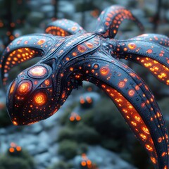 Obraz premium A floating, fantastical creature with tentacle-like appendages and glowing patterns is depicted in a rocky landscape dotted with sparse vegetation The creature has an ethereal glow wit - AI-generated