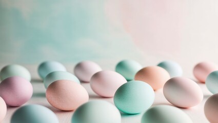 Pastel colored eggs scattered on a soft background for Easter celebration