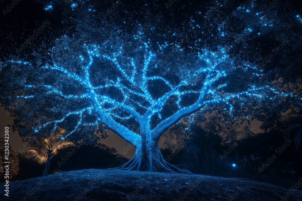 Poster a surreal tree with branches that glow like fiber optics