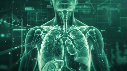 A digital illustration of a human chest, showcasing transparent lungs and anatomical details with a green technological overlay.